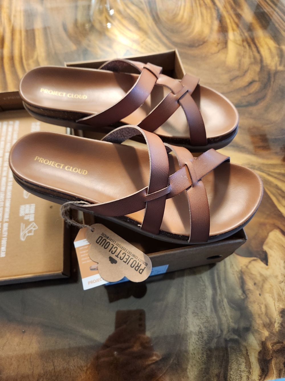 Project Cloud Women's Brown Slide Sandals with Crisscross Straps